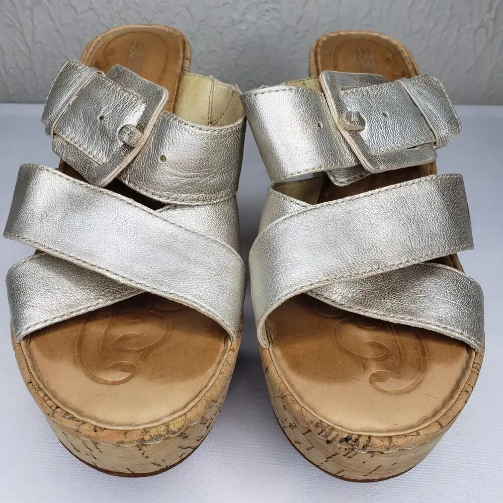 Born Womens 10 High Wedge Platform Light Gold Strappy Cork Sandals Slip Ons